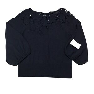 Knitted & Knotted Anthropologie Navy Blue 100% Wool Crochet Lace Neck Sweater S